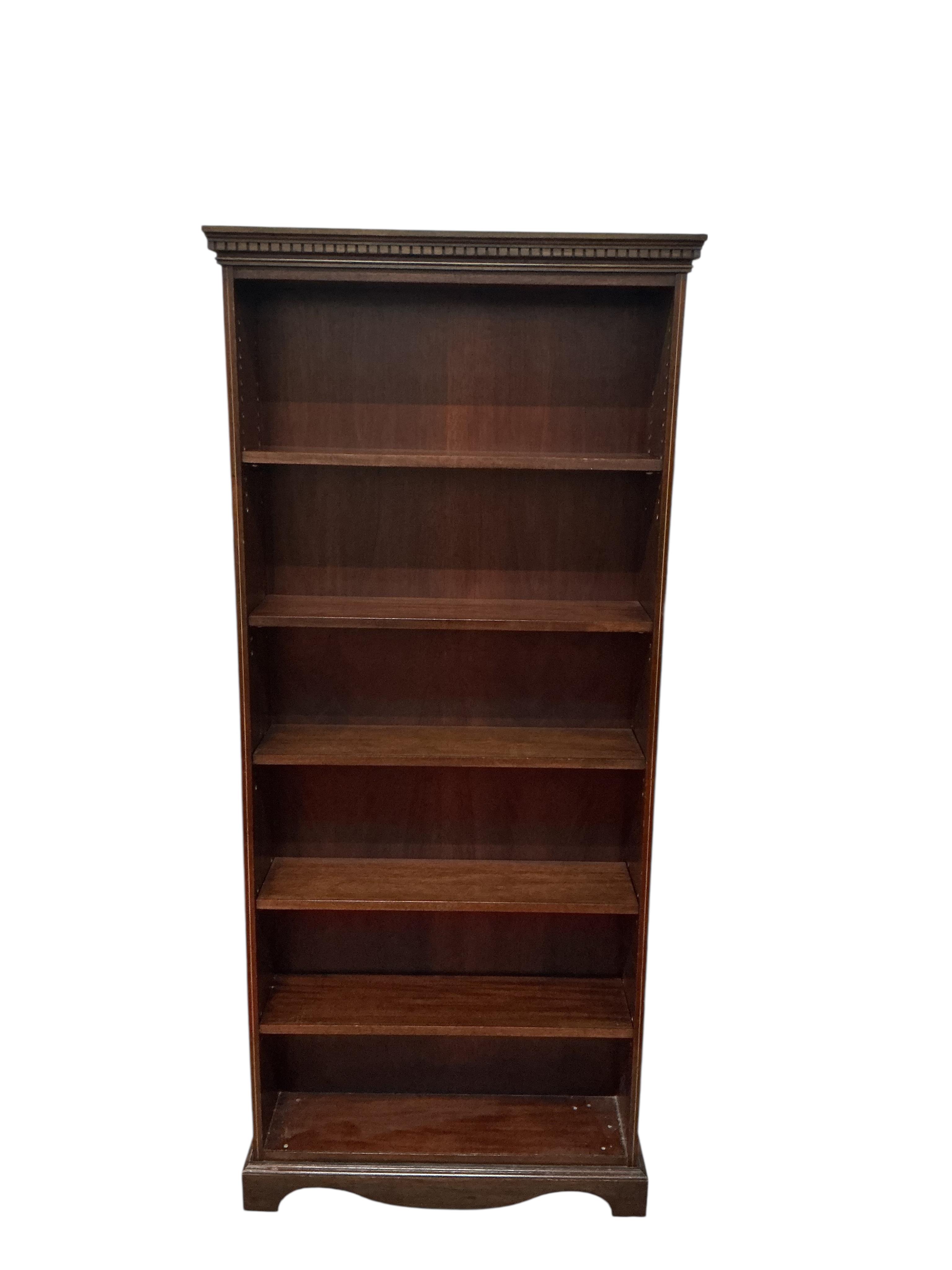 A reproduction Edwardian style mahogany open bookcase, width 79cm, depth 22cm, height 182cm